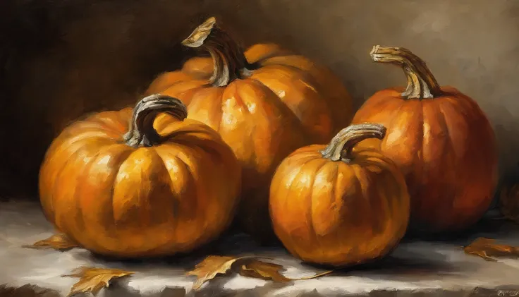 oil painting, (Golden ratio) heavy brushstrokes, Pallette knife, paint drips, A scene of pumpkins, half a sliced pumpkin sitting in a vintage kitchen, Baroque, dramatic contrasts between light and dark, emotional intensity, tenebrism, soft edges, oil on ca...