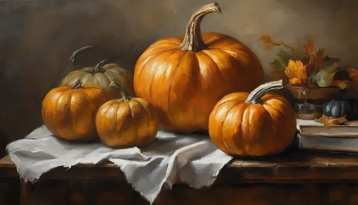 oil painting, (Golden ratio) heavy brushstrokes, Pallette knife, paint drips, A scene of pumpkins, half a sliced pumpkin sitting in a vintage kitchen, Baroque, dramatic contrasts between light and dark, emotional intensity, tenebrism, soft edges, oil on ca...