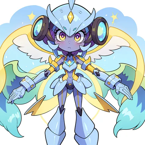 sexy cute cartoon, GlimmerGaze, A slender, shiny silver robot with large, luminous eyes that change colors. She has wings made of light. The mystic seer of the group, GlimmerGaze can predict the future with her "Prismatic Vision". She is calm, composed, an...