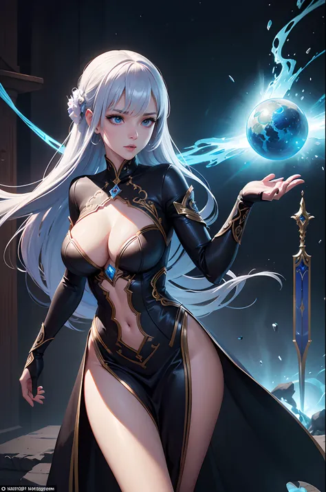 In a fantasy MMO game, a player character enters the game world as a sexy, slim woman character with a captivating body. She has beautifully crafted detailed eyes, lips, and a face that enhances her overall appealing appearance. The character is designed w...