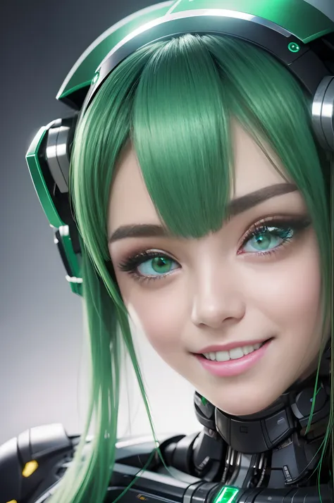 8k portrait of a Robotic Woman perfect smile green eyes looking to the camera --auto --s2