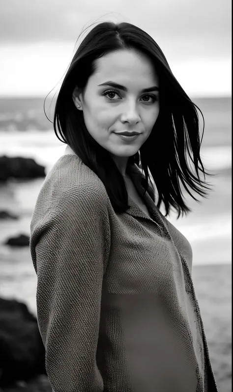 b&w photo of 42 y.o woman in black clothes, half body, body, high detailed skin, skin pores, coastline, overcast weather, wind, waves, 8k uhd, dslr, soft lighting, high quality, film grain, Fujifilm XT3