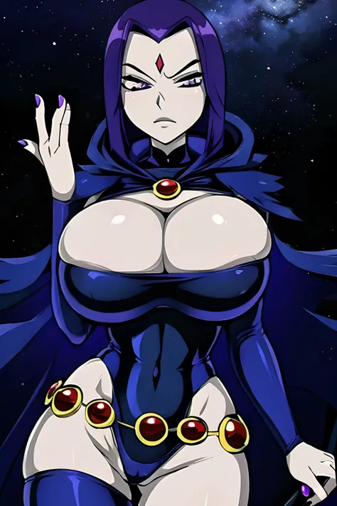 Teen titans, Raven, anime, masterpiece, 1girl, ((bimbo))), purple eyes, short purple hair, wide hips, thick thigh, big breast, huge ass, shiny skin, black suit, blue cloak, Cleavage, hand signs