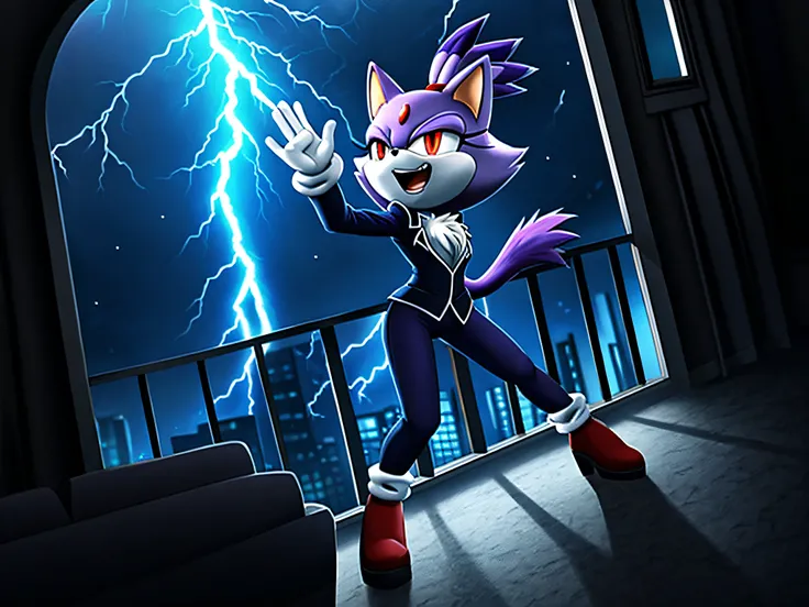 zoomed out image, high quality professional digital art, tall and skinny and shapely blaze the cat from sonic the hedgehog, blaze the cat outfit, bright glowing red eyes, fully clothed, evil laughter, villain standing pose, throwing head back, looking upwa...