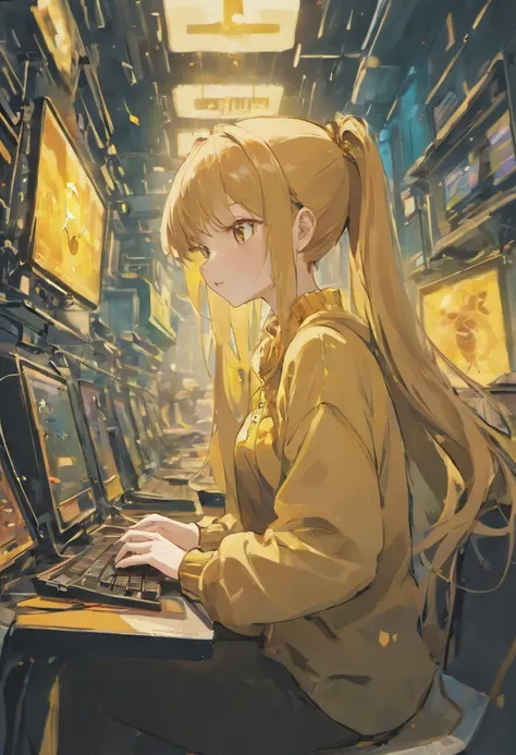 In a cybernetic atmosphere, Lonely 19-year-old woman with honey-colored hair in a ponytail、Sitting in a room full of numerous displays. She is obsessed with her computer, Her yellow eyes stared at the screen. Her attire is、consists of a camisole combined w...