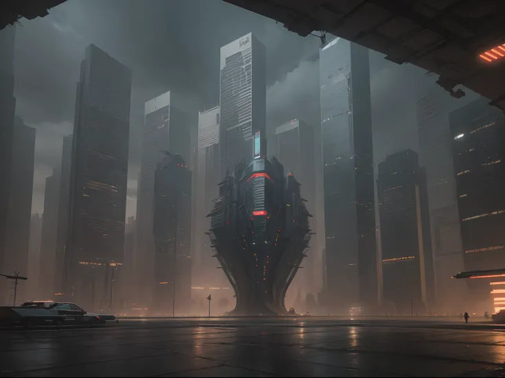 Cyberpunk cityscape with towering skyscrapers, neon signs, and flying cars.