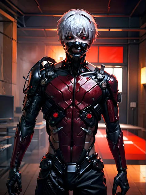 1boy, high resolution, ultra detailed, best quality, amazing, top quality, extremely detailed CG unity, detailed glowing red eyes, depth of field, red clothes, half cyborg body, cinematic lighting, , cyberpunk, dark boy, white hair, red eyes, cyborg mask, ...