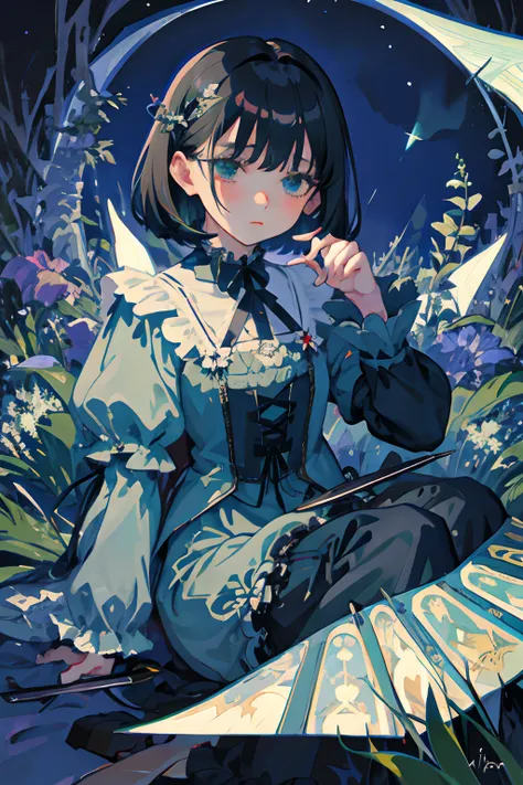 Knees，hand between legs，child，（​masterpiece，Highest Quality），shortsleeves，Blue-green Gothic Lolita，Sleepy face，A dark-haired，Medium bob，utility knife，Small scissors，Pasture，Aurora，starrysky，dark clouds, Night, (Impressionism:1.4), , Alphonse Mucha，tarot