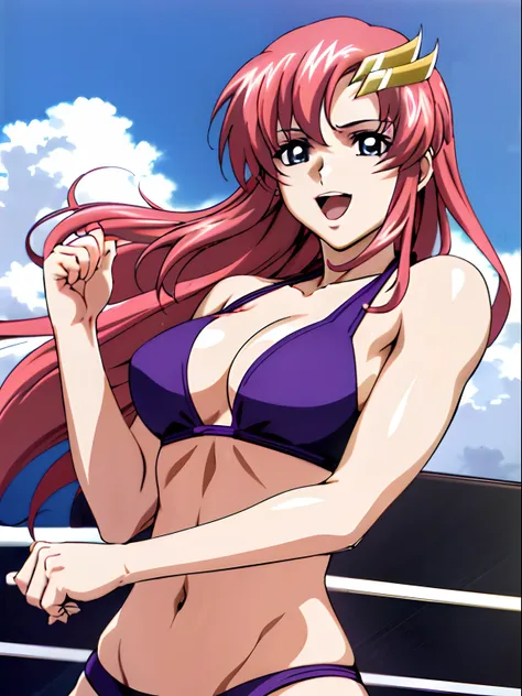 (masterpiece, upper body view, 4K, Best Quality, Anime style: 1.9,, Adult Woman, ultra detailed face, (cloud background, wrestling), Drawing lines, high resolution, Anime, lacus4), 1girl, Solo, curvy figure, Long hair, 鎖骨, scapular, (Detailed wide hair ban...