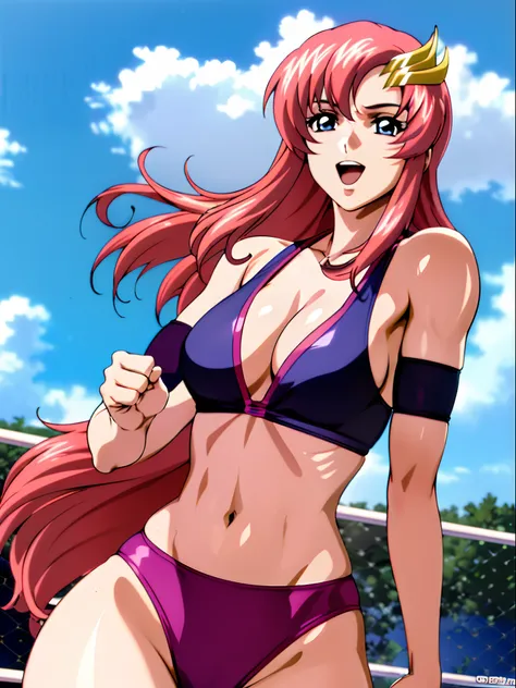 (masterpiece, upper body view, 4K, Best Quality, Anime style: 1.9,, Adult Woman, ultra detailed face, (cloud background, wrestling), Drawing lines, high resolution, Anime, lacus4), 1girl, Solo, curvy figure, Long hair, 鎖骨, scapular, (Detailed wide hair ban...