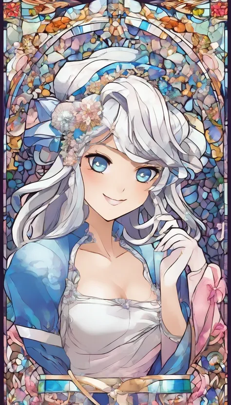 (Best quality, Ultra-detailed, photo-realistic:1.37), Silver-haired woman, Fantastic blue eyes, Happy woman beating eggs with chopsticks, Soft lighting, pink apron, illustration, bangs, Flowing hair, Gentle breeze, Shiny hair, Thick egg whites, Close-up of...