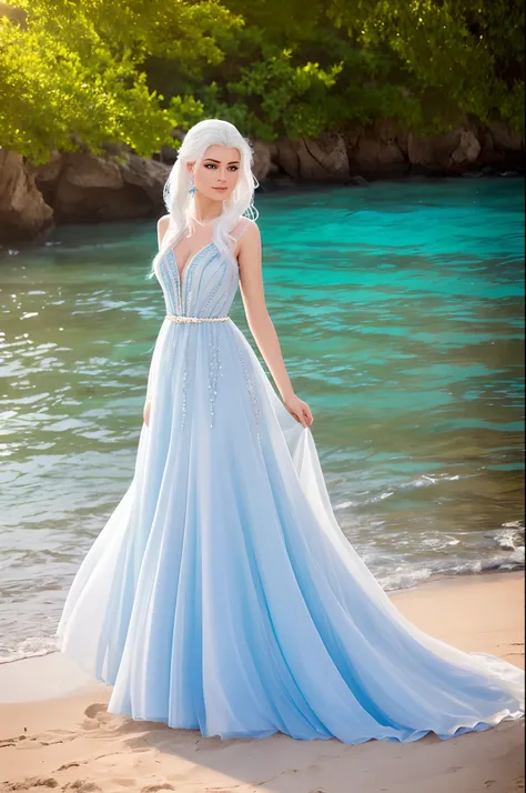 Princess with white hair and blue eyes and ultra-realistic face walking along the beach dancing in water. Vestido dourado transparente altamente detalhado ultra realismo