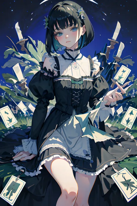 Knees，hand between legs，child，（​masterpiece，Highest Quality），shortsleeves，Blue-green Gothic Lolita，Sleepy face，A dark-haired，Medium bob，utility knife，Small scissors，Pasture，Aurora，starrysky，dark clouds, Night, (Impressionism:1.4), , Alphonse Mucha，tarot