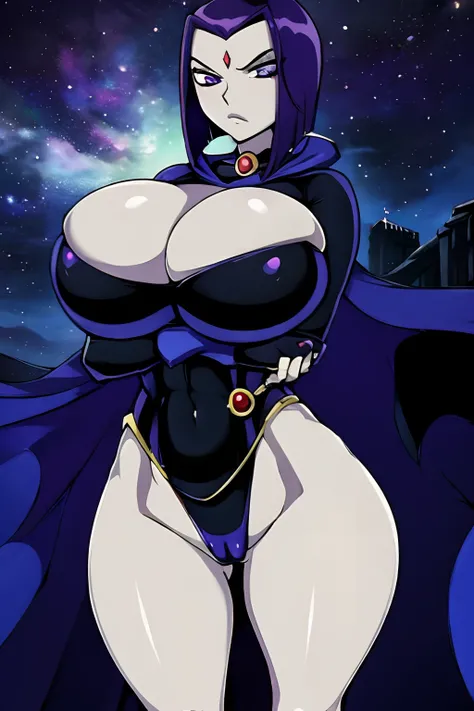 Teen titans, Raven, anime, masterpiece, 1girl, ((bimbo))), purple eyes, short purple hair, wide hips, thick thigh, big breast, huge ass, shiny skin, black suit, blue cloak, Cleavage, crossed arms