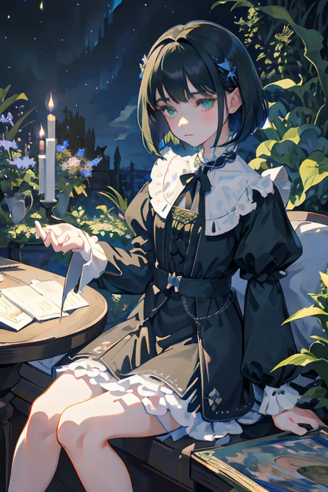 Knees，hand between legs，child，（​masterpiece，Highest Quality），shortsleeves，Blue-green Gothic Lolita，Sleepy face，A dark-haired，Medium bob，utility knife，Small scissors，Pasture，Aurora，starrysky，dark clouds, Night, (Impressionism:1.4), , Alphonse Mucha，tarot