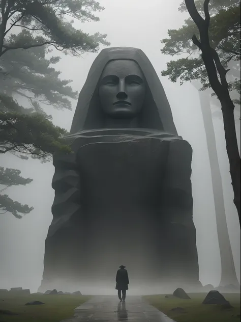 Faint hint of a lonely wanderer walking in the direction of an enormously gigantic stone sculpture of a face in the distant rain, mist and fog