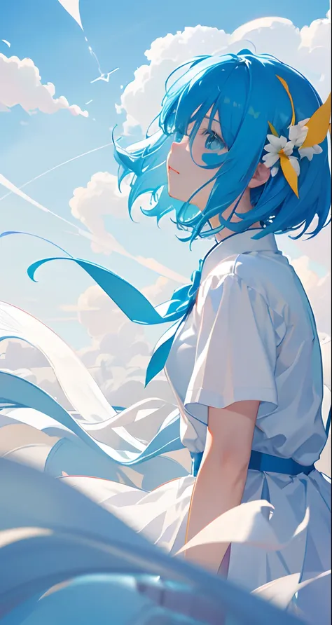 ​masterpiece、top-quality、Movie stills、One Girl、floating in sky、Cloud Girl、​​clouds、(a closeup:1.1)、with light glowing、happiness、A delightful、Soft lighting、(Bauhaus、form、line、abstracted:1.1)girj blue hair short hair