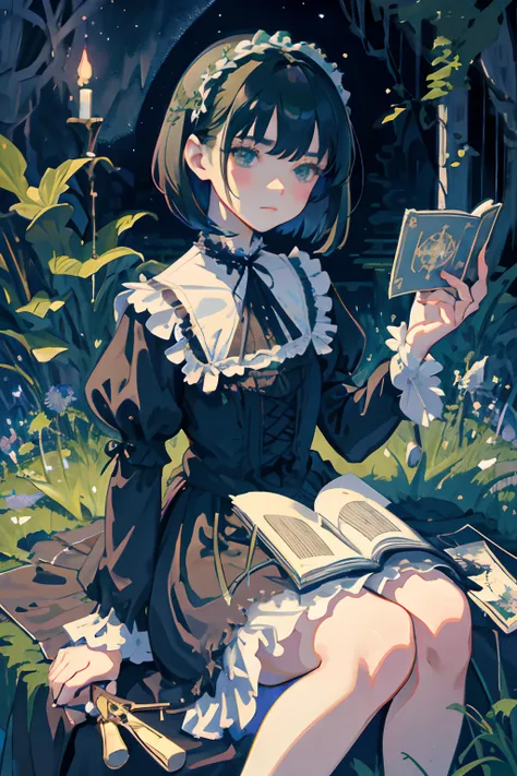 Knees，hand between legs，child，（​masterpiece，Highest Quality），shortsleeves，Blue-green Gothic Lolita，Sleepy face，A dark-haired，Medium bob，utility knife，Small scissors，Pasture，Aurora，starrysky，dark clouds, Night, (Impressionism:1.4), , Alphonse Mucha，tarot