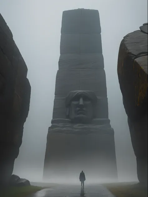 Faint hint of a lonely wanderer walking in the direction of an enormously gigantic stone sculpture of a face in the distant rain, mist and fog