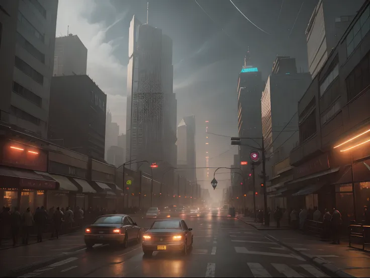 Cyberpunk cityscape street scene with towering skyscrapers, glowing neon signs and LED lights, traffic and ((flying cars)) in the sky, dark atmosphere, cinematic lighting.