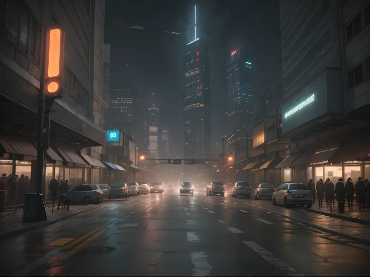 cyberpunk cityscape street scene with towering skyscrapers, glowing neon signs and led lights, traffic and ((flying cars)) in th...