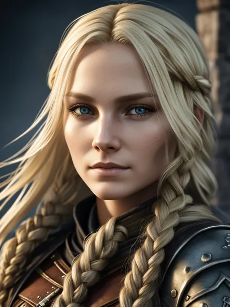 Blond frostpunk woman Viking, plait, Valkyre wearing, 64k, resolution, photorealistic, insanely detailed image, very realistic face