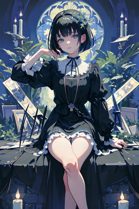 Knees，hand between legs，child，（​masterpiece，Highest Quality），shortsleeves，Blue-green Gothic Lolita，Sleepy face，A dark-haired，Medium bob，utility knife，scissors，Aurora，starrysky，dark clouds, Night, (Impressionism:1.4), , Alphonse Mucha，tarot