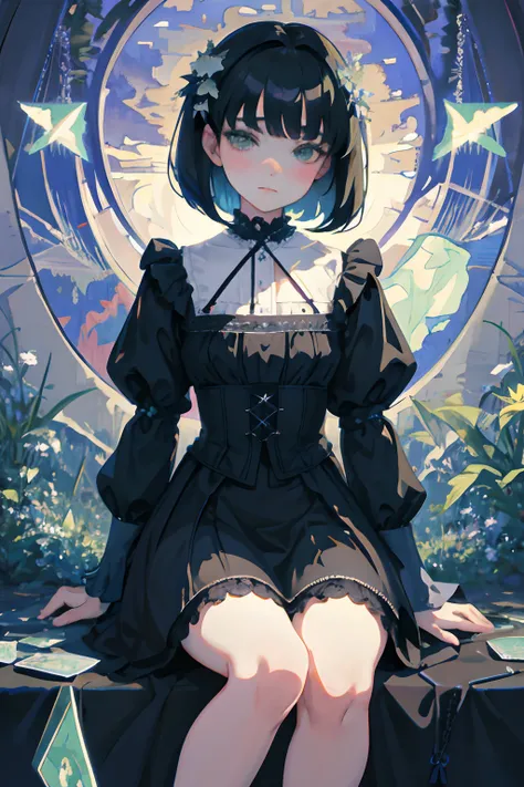 Knees，hand between legs，child，（​masterpiece，Highest Quality），shortsleeves，Blue-green Gothic Lolita，Sleepy face，A dark-haired，Medium bob，utility knife，Scissors，Aurora，starrysky，dark clouds, Night, (Impressionism:1.4), , Alphonse Mucha，tarot