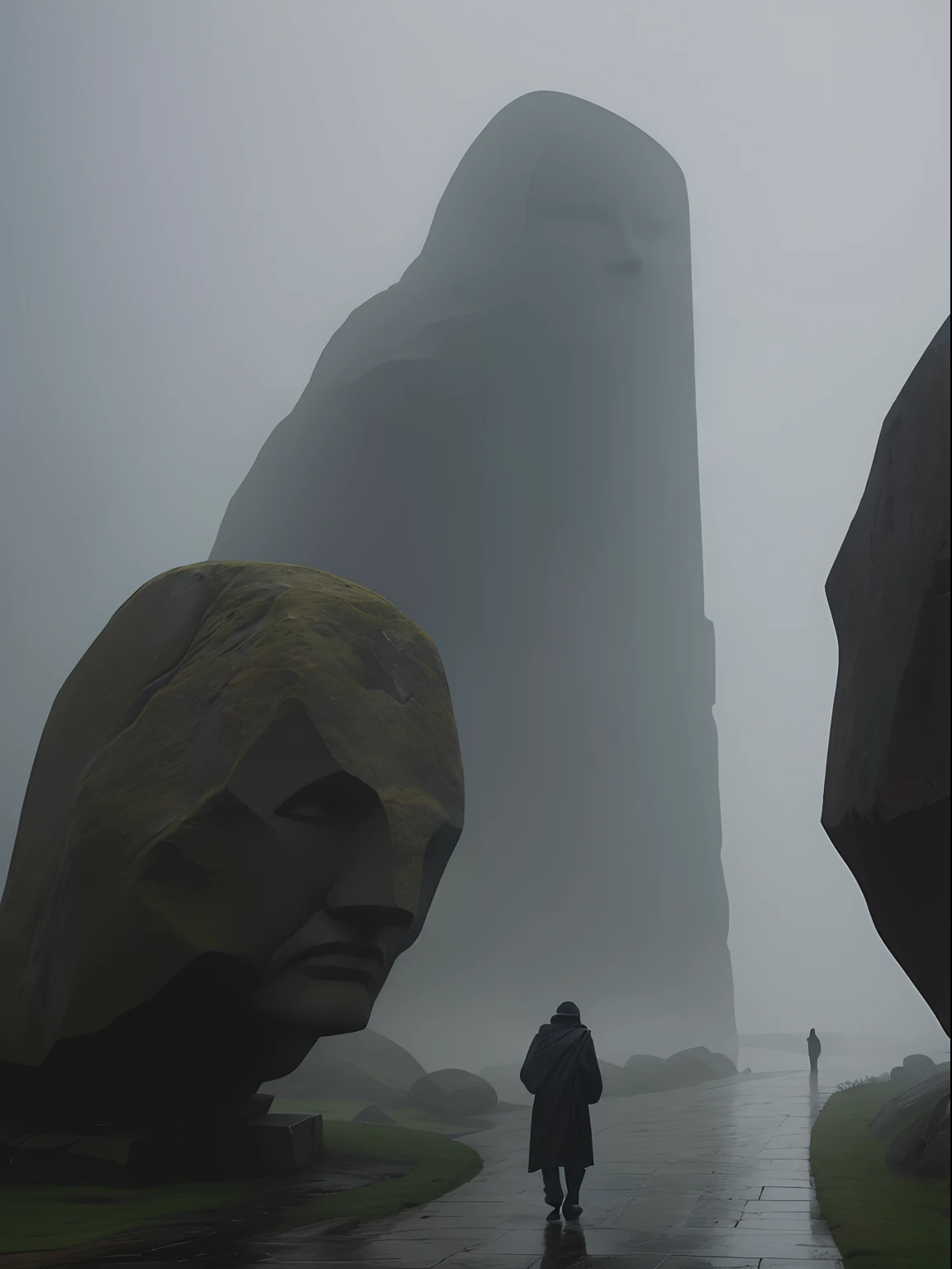 Faint hint of a lonely wanderer walking in the direction of an enormously gigantic stone sculpture of a face in the distant rain, mist and fog