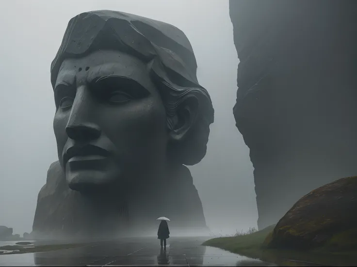 Faint hint of a lonely wanderer walking in the direction of an enormously gigantic stone sculpture of a face in the distant rain, mist and fog, cinematic