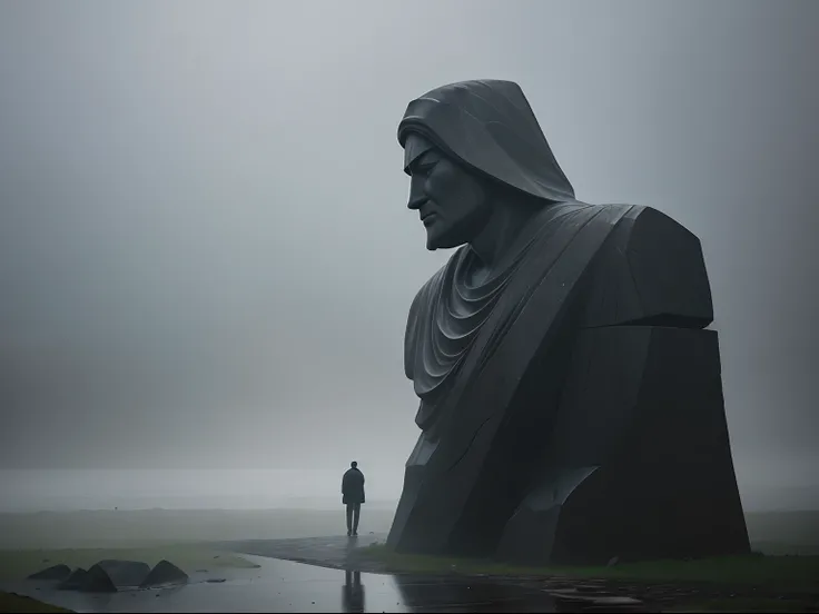 Faint hint of a lonely wanderer walking in the direction of an enormously gigantic stone sculpture of a face in the distant rain, mist and fog, cinematic