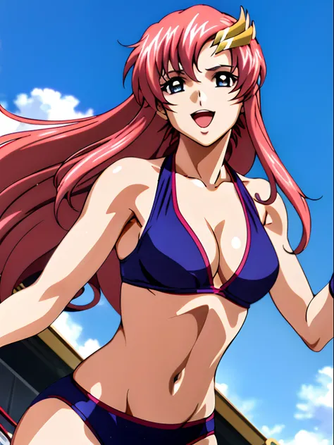 (masterpiece, upper body view, 4K, Best Quality, Anime style: 1.9,, Adult Woman, ultra detailed face, (cloud background, wrestling), Drawing lines, high resolution, Anime, lacus4), 1girl, Solo, curvy figure, Long hair, 鎖骨, scapular, (Detailed wide hair ban...