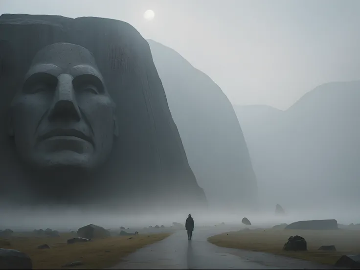 Faint hint of a lonely wanderer walking in the direction of an ridiculous enormously gigantic stone sculpture of a face in the distant mist and fog, cinematic