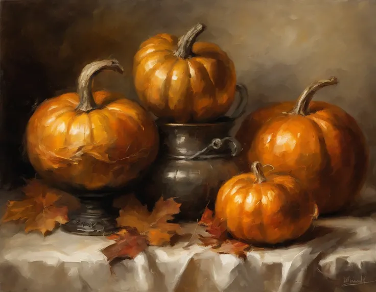 oil painting, (Golden ratio) heavy brushstrokes, Pallette knife, paint drips, A scene of evil halloween pumpkins, sitting in a vintage kitchen, Baroque, dramatic contrasts between light and dark, emotional intensity, tenebrism, soft edges, oil on canvas, r...