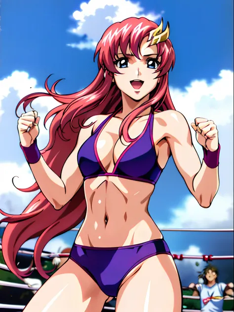 (masterpiece, upper body view, 4K, Best Quality, Anime style: 1.9,, Adult Woman, ultra detailed face, (cloud background, wrestling), Drawing lines, high resolution, Anime, lacus4), 1girl, Solo, curvy figure, Long hair, 鎖骨, scapular, (Detailed wide hair ban...