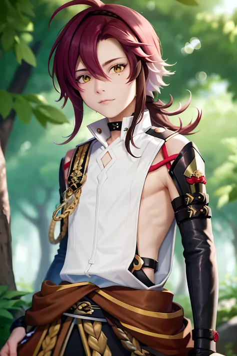 masterpiece, best quality,Shikanoin Heizou (genshin impact), 1boy, male focus, kurokote, green eyes, kote, multicolored hair, mole under eye, red hair, solo, mole, black choker, japanese armor, looking at viewer, choker, armor, streaked hair, aiguillette, ...