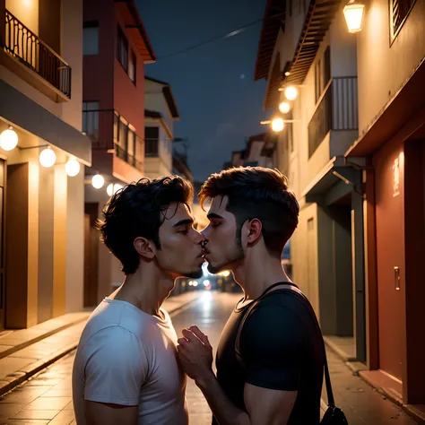 Dois homens brasileiros se beijando na rua a noite.