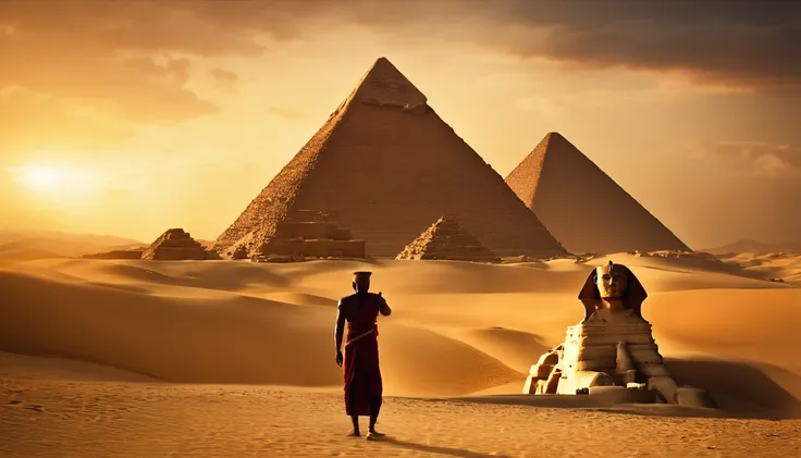 Pharaoh standing in front of the pyramids, Very bright colors, Light particles, with light glowing, Mshiff, UHD