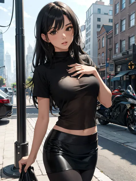 a girl with black transparent t-shirt, black straight top is seen through the transparency, flared skirt, leggings or long stockings, making like she wants to kiss you, view from the viewer, medium breasts, cityscape, flirtatious look, ((very detailed)), (...