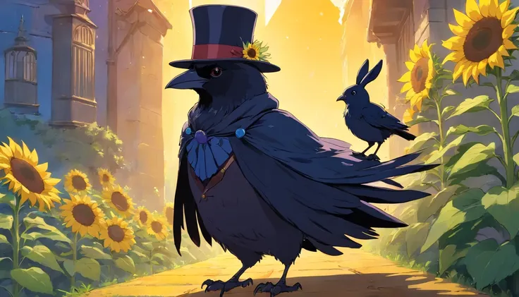 a raven wearing a top hat, holding a sunflower in its beak, while standing next to a black bunny wearing a cloak.