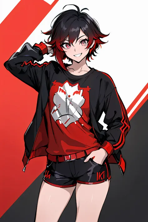 (absurdres, 8k, 4k, masterpiece, hyper extreme detailed:1.2), ((masterpiece,best quality)), absurdres, Ruby_RWBY, solo, looking at viewer, smiling, ruby rose, casualwear, shirt, jacket, hands in pockets, smile, red gradients, black hair, silver eyes, graph...