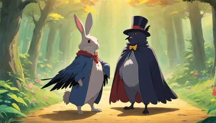 a bunny wearing a cloak and a crow wearing a top hat, standing next to each other.