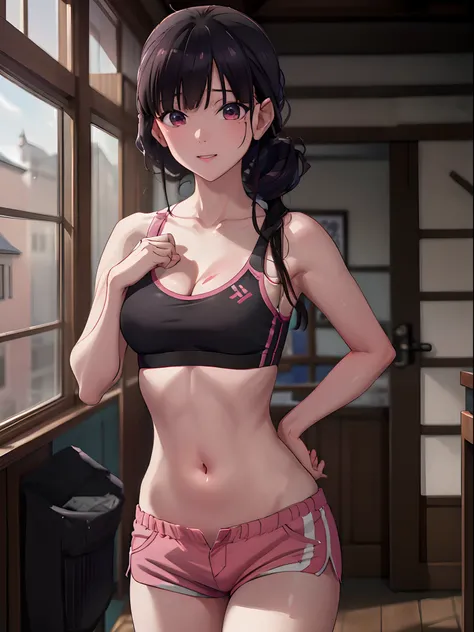 (masterpiece, best quality:1.2), highres, high resolution, MiyoSaimori, 1girl, solo, smile, teeth visible, (hair tied up), ((pink sports bra)), midd riff, shorts, running shorts, ((black running shorts)), indoors, gym, blur bacground, bangs, (medium breast...