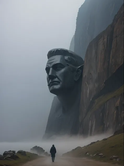 Faint hint of a lonely wanderer walking in the direction of an ridiculous enormously gigantic stone sculpture of a face inlaid on a huge mountain in the distant mist and fog, cinematic