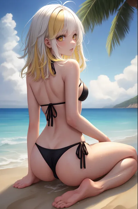 8k, masterpiece, teen, 1girl, black bikini, barefoot, yellow eyes, medium hair, messy bangs, tiny breasts, (white hair:1.4), yellow hair, (two-tone hair:1.4), at beach, sitting on sand, wet body, wet hair, from behind, looking behind, feet, ass visible thr...