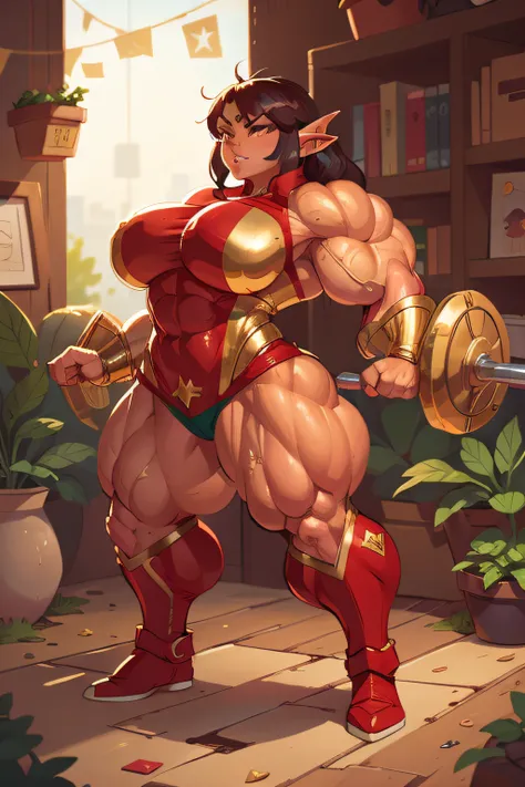 Elf muscle woman flexing muscles wearing gold superhero outfit, muscle woman, big muscles, huge muscles, massive muscles, mature woman