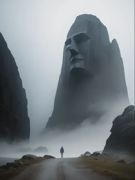 Faint hint of a lonely wanderer walking in the direction of an ridiculous enormously gigantic stone sculpture of a face on a huge mountain in the distant mist and fog, cinematic