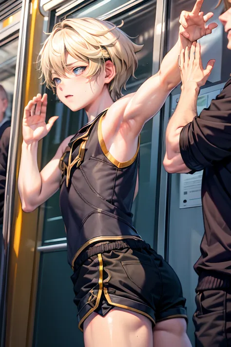 grasp、angle from the front、12-year-old blonde short-haired boy in tank top grabs butt on bus、raising arms to show armpits、shortp...