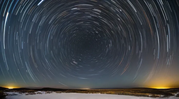 "Stunning startrail panorama, showcasing the full arc of celestial rotation, set against a pitch-black sky, the North Star prominent at the center, vibrant milky way streaking subtly, captured on a Nikon D850, using a 14mm f/2.8 lens, long exposure, ISO 10...