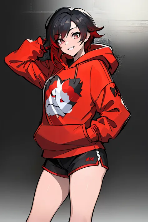 (absurdres, 8k, 4k, masterpiece, hyper extreme detailed:1.2), ((masterpiece,best quality)), absurdres, Ruby_RWBY, solo, looking at viewer, smiling, ruby rose, casualwear, hoodie, hands in pockets, smile, red gradients, black hair, silver eyes, shorts,